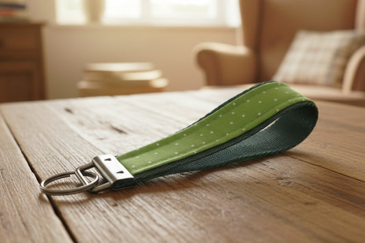 Green polka dot keychain with gun metal hardware