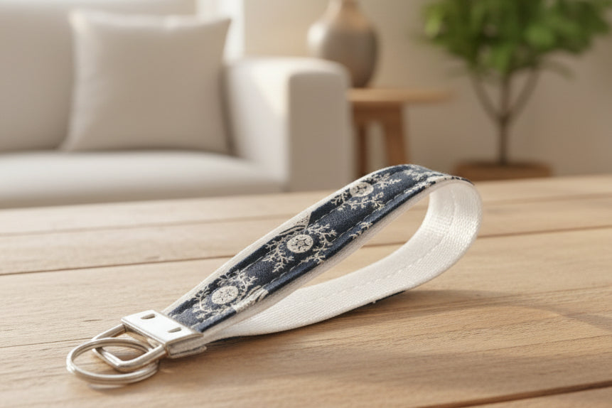 Keychain with floral patterned strap on a white background