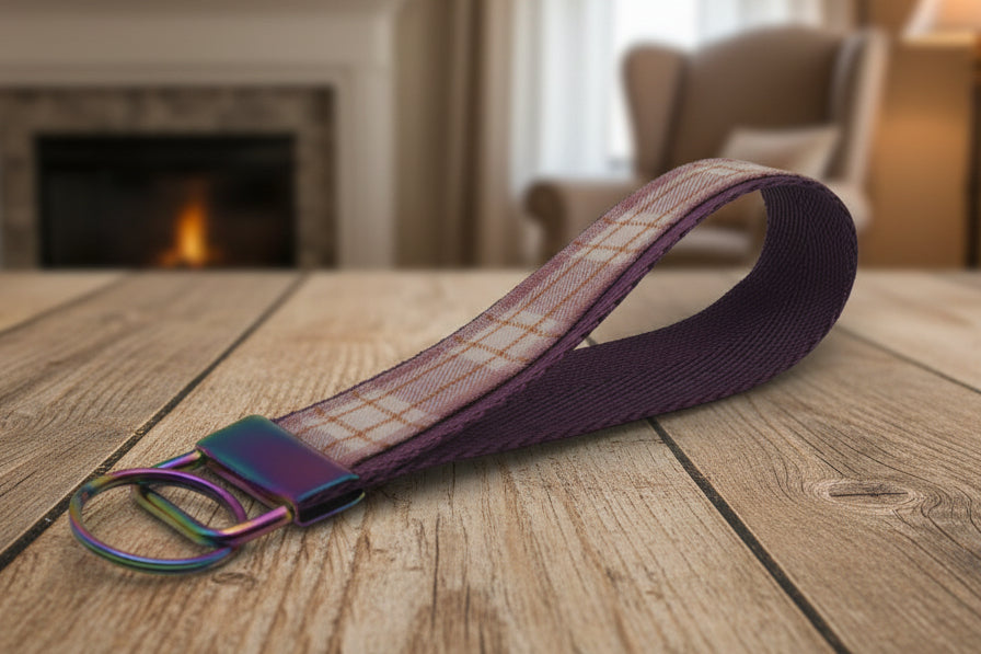Purple fabric keychain with rainbow sheen hardware