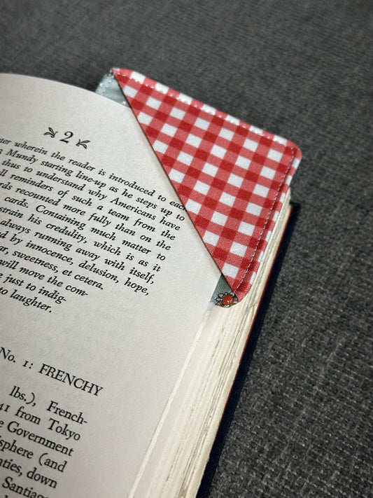 Corner Bookmark - Dark Pink Gingham with Blue Fabric with Dogs