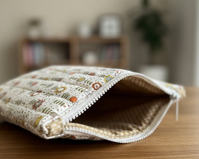 Patterned pouch with zipper on a white surface