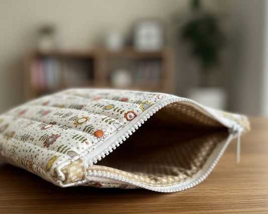 Patterned pouch with zipper on a white surface