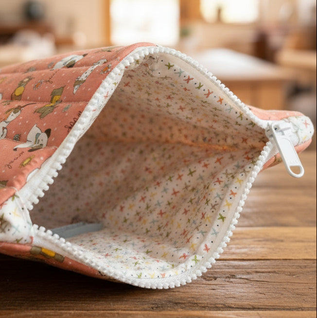 Pink zipper pouch with dog fabric