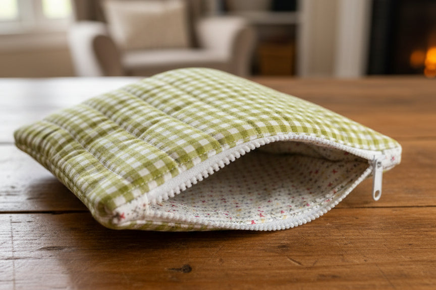 Green and white checkered pouch