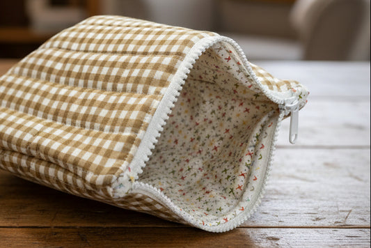 Fabric pouch with checkered brown pattern