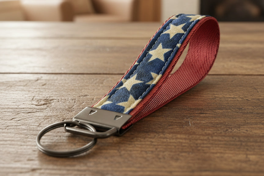 Keychain with red, white, and blue pattern on a light gray background