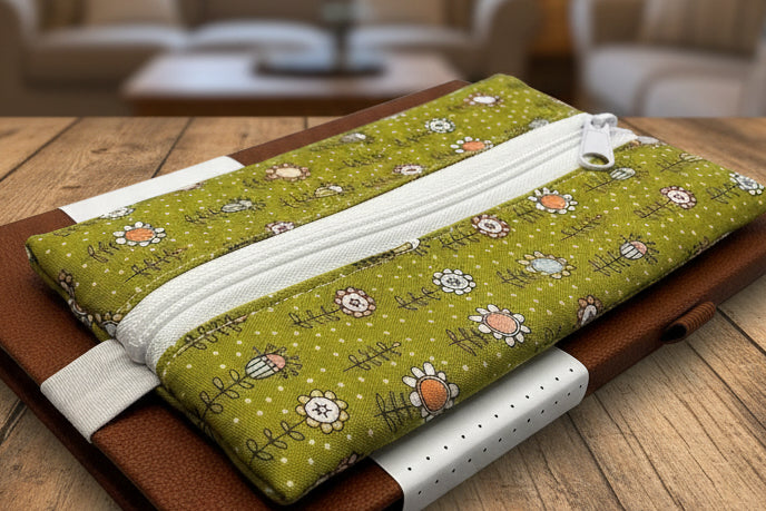 Tan notebook with green floral zipper case for pens and pencils
