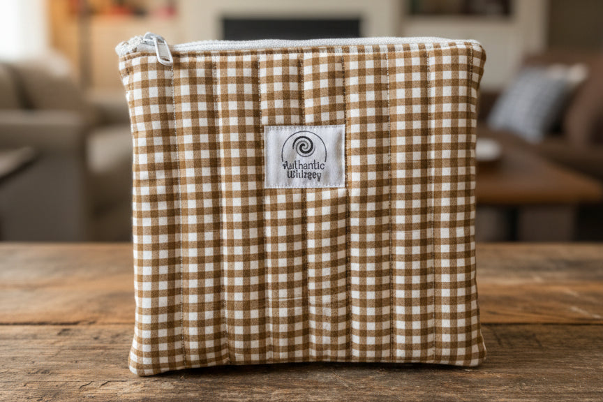 Brown and white checkered pouch