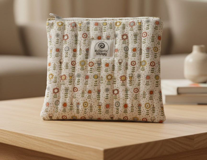 Fabric pouch with floral pattern and visible brand logo on a gray background