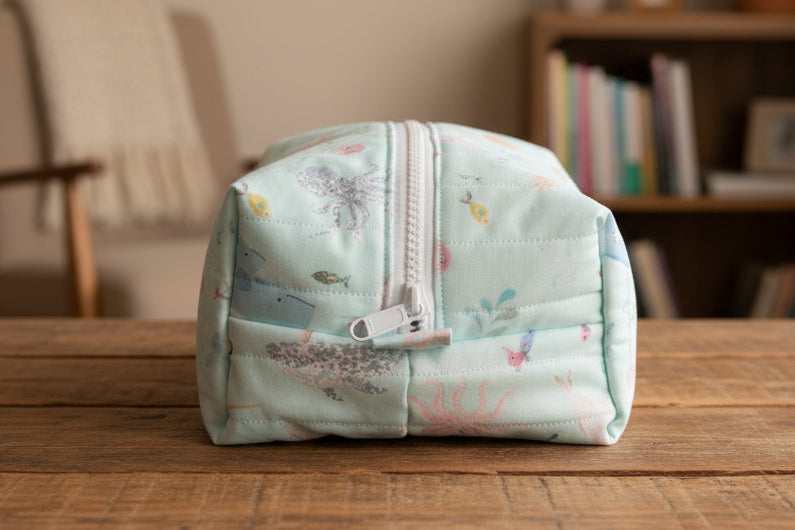 Light blue pouch with zipper and sea creature fabric