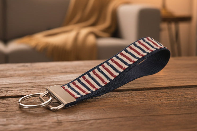 Keychain with striped fabric strap on a wood table with silver hardware
