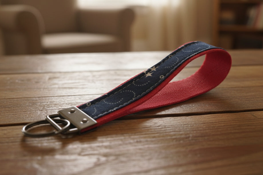 Keychain with red and blue strap with gun metal hardware