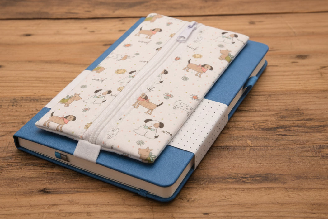 Blue notebook with white pencil case with dog print