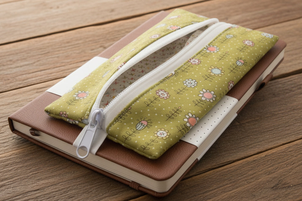 Tan notebook with green floral zipper case for pens and pencils