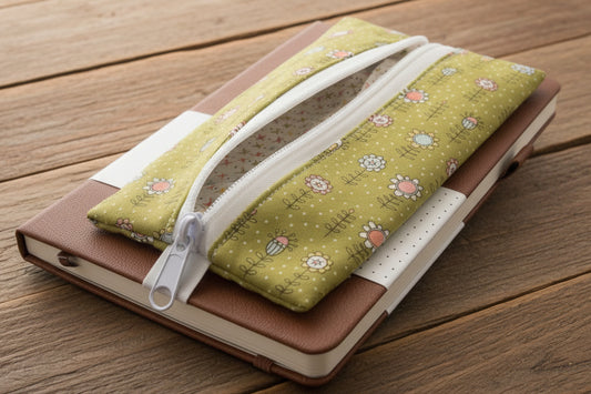 Tan notebook with green floral zipper case for pens and pencils