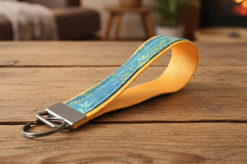 Keychain with a blue and yellow strap 