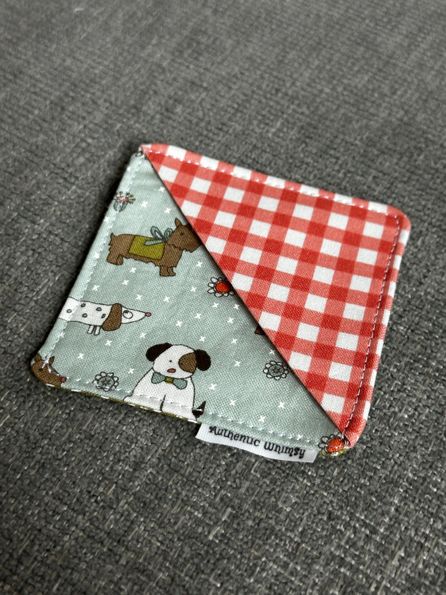 Corner Bookmark - Dark Pink Gingham with Blue Fabric with Dogs