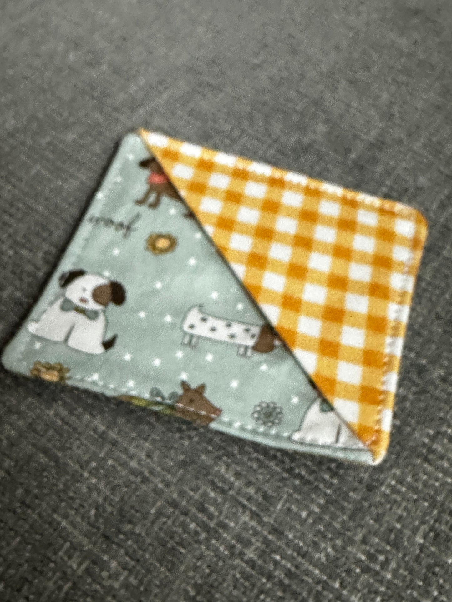 Corner Bookmark - Yellow Gingham with Blue Fabric with Dogs