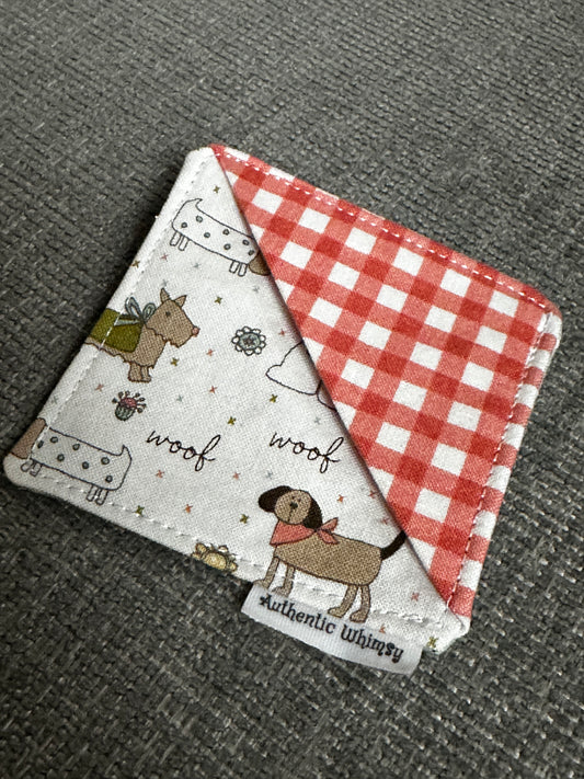 Corner Bookmark - Dark Pink Gingham with White Fabric with Dogs