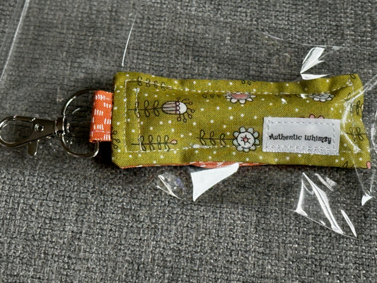 Lip Balm Holder - Green Fabric with Floral and Orange Interior