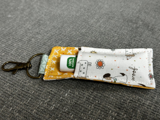 Lip Balm Holder - White Fabric with Dogs and Yellow Interior