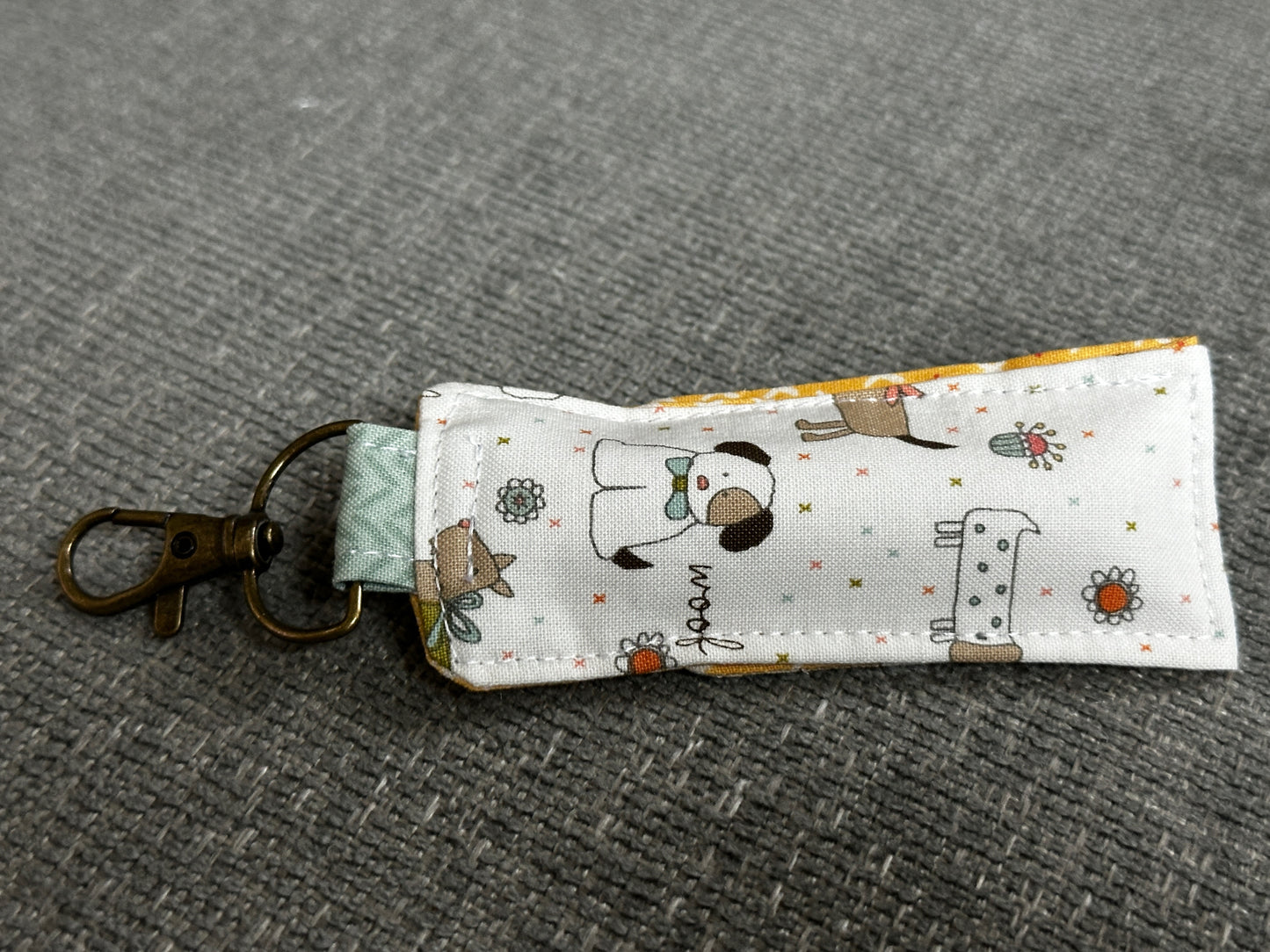 Lip Balm Holder - White Fabric with Dogs and Yellow Interior
