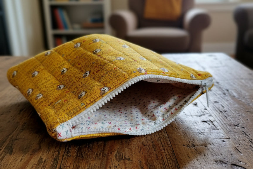 Yellow quilted pouch with dog pattern