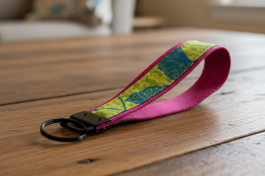 Green ginkgo fabric keychain on magenta strap