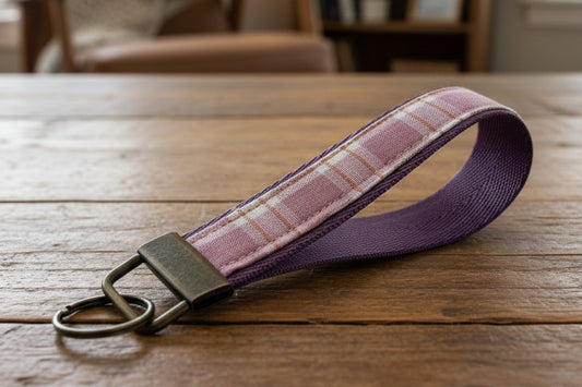 Keychain with pink plaid strap and antique brass hardware