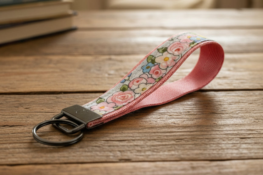 Floral patterned keychain with pink strap