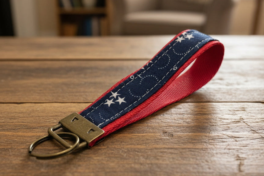 Keychain with star pattern on a red strap with antique brass hardware