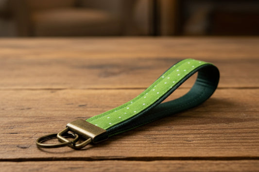 Green keychain with white polka dots with antique brass hardware