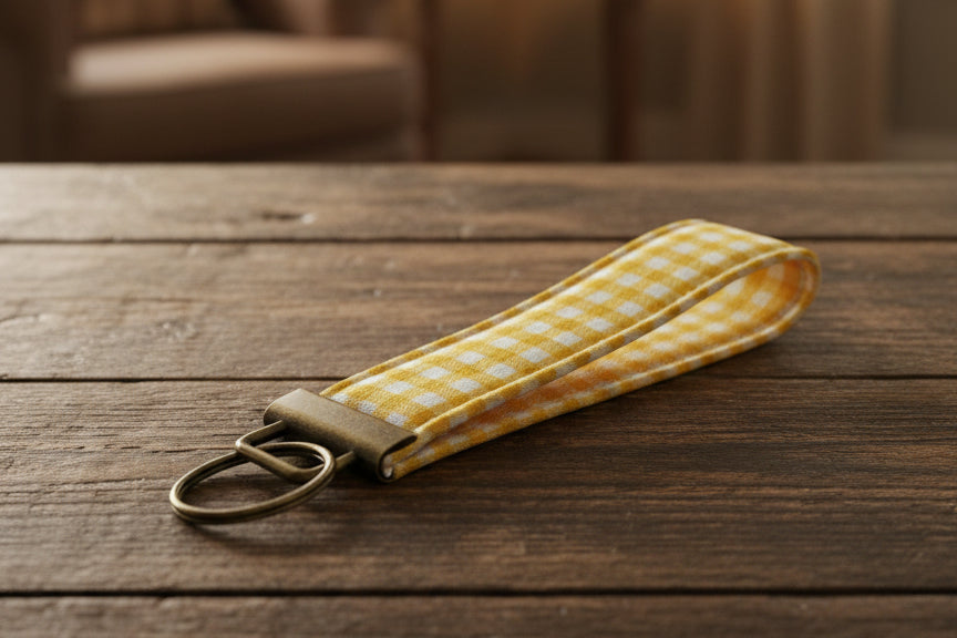 Yellow and white checkered key fob with brass key ring