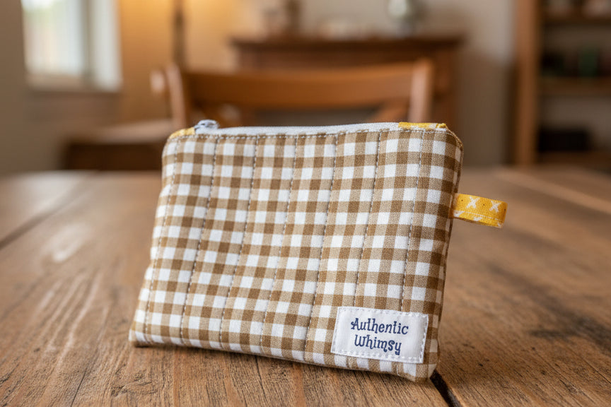 Brown and white checkered pouch